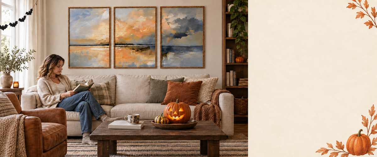 Hand-painted wall art in a cozy home decorated for Halloween