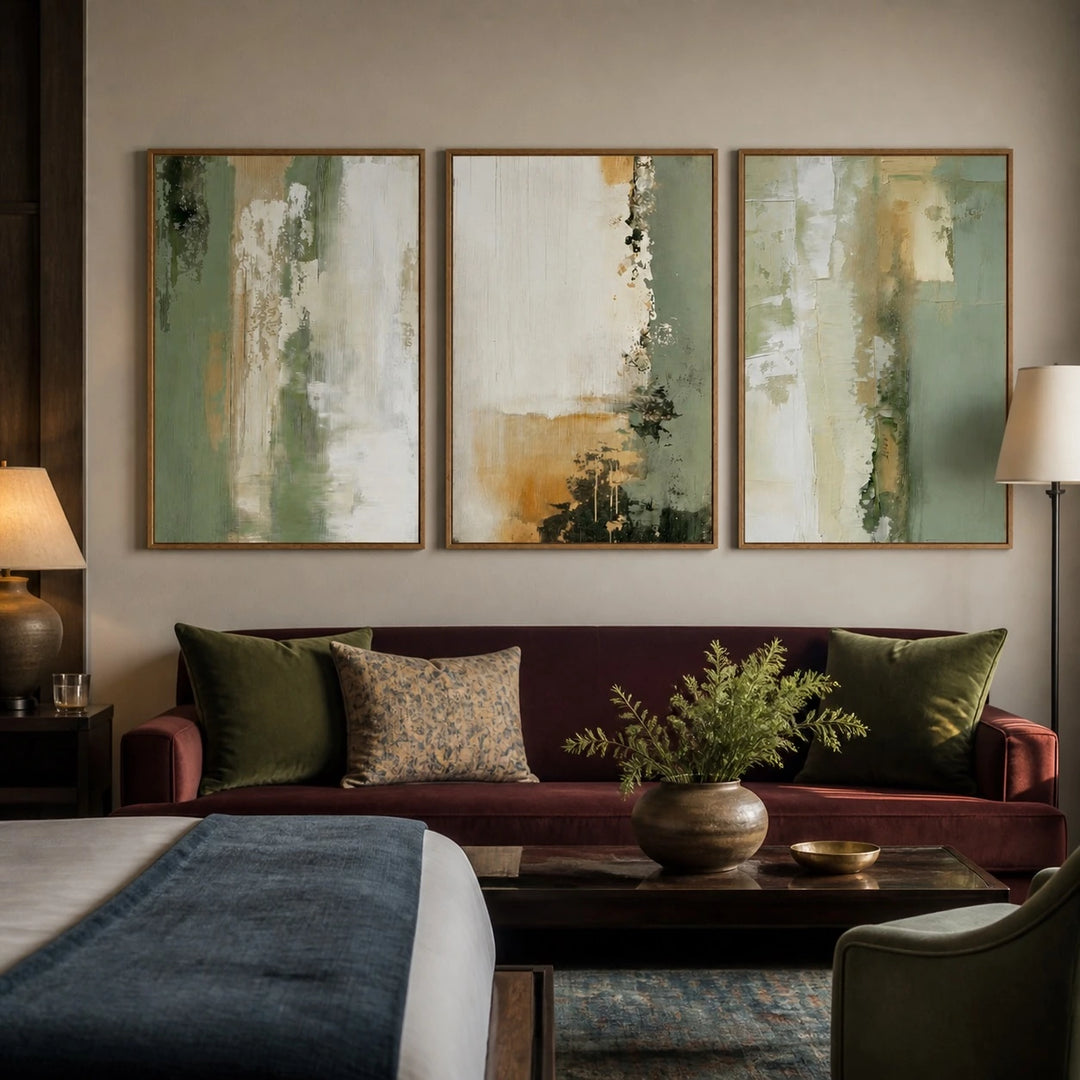 Sage Green Abstract Landscape Canvas Triptych – TP