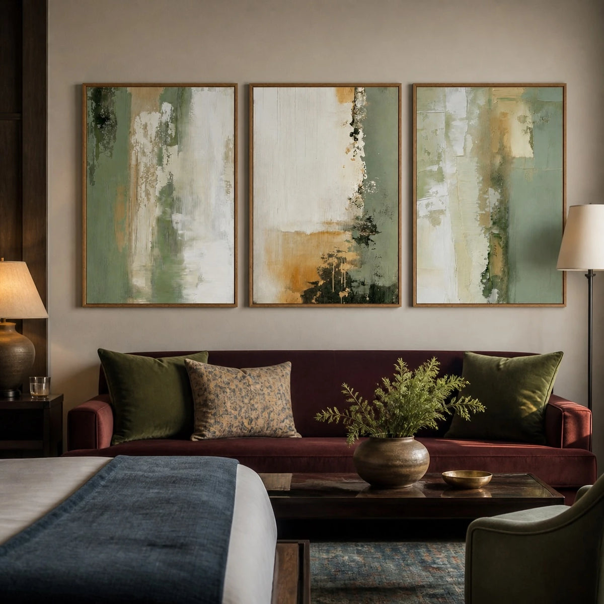 Sage Green Abstract Landscape Canvas Triptych – TP#1415