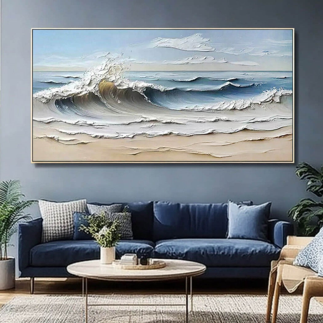 Shoreline Drama – Textured Wave Hand-Painted Oil Painting