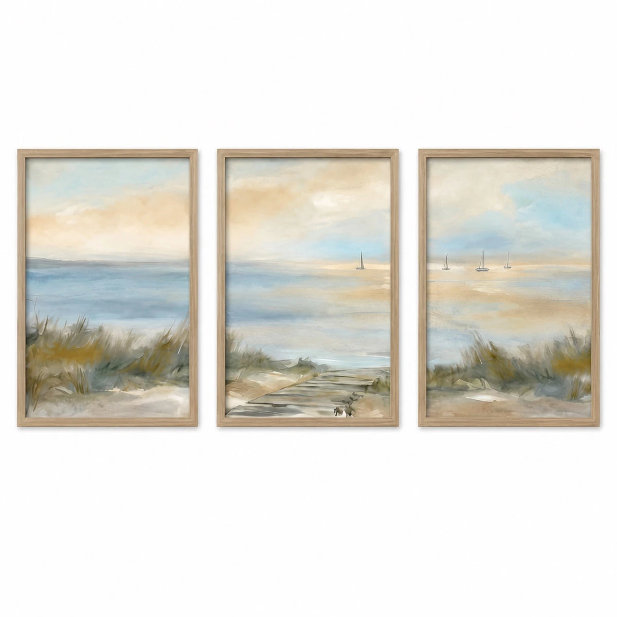 Soft Coastal Neutral Beach House Painting Triptych – TP#1414