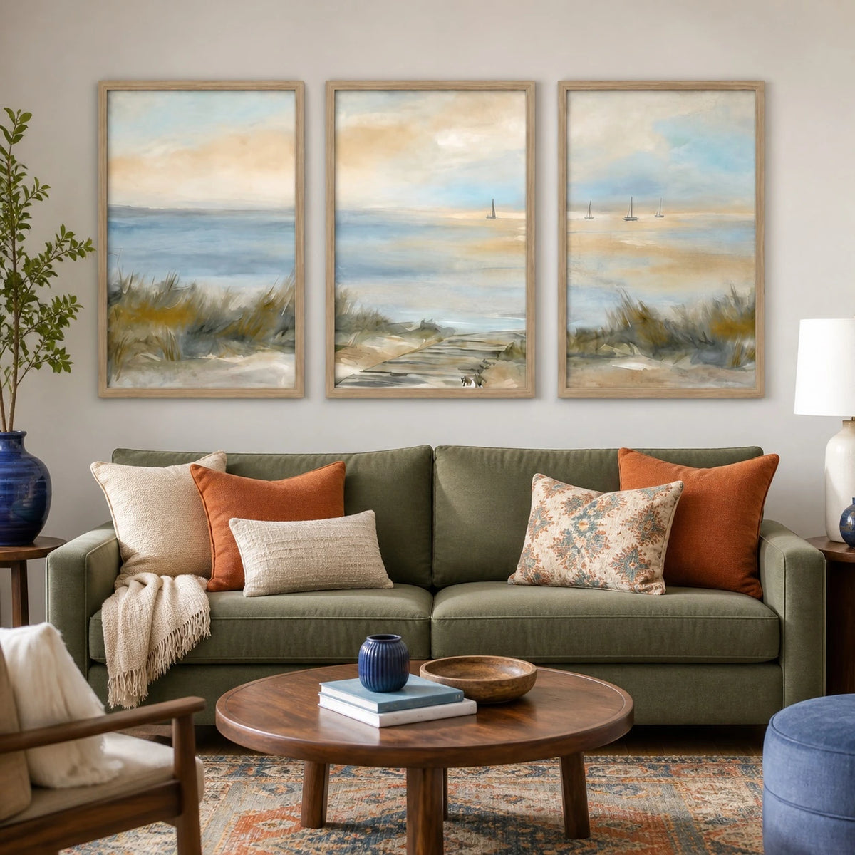Soft Coastal Neutral Beach House Painting Triptych – TP#1414