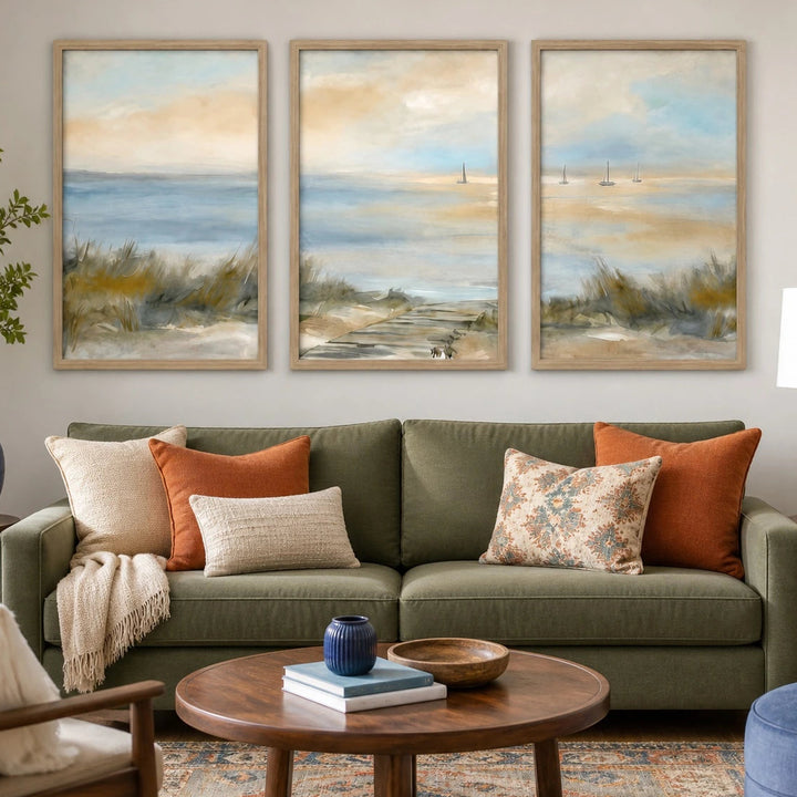 Soft Coastal Neutral Beach House Painting Triptych – TP