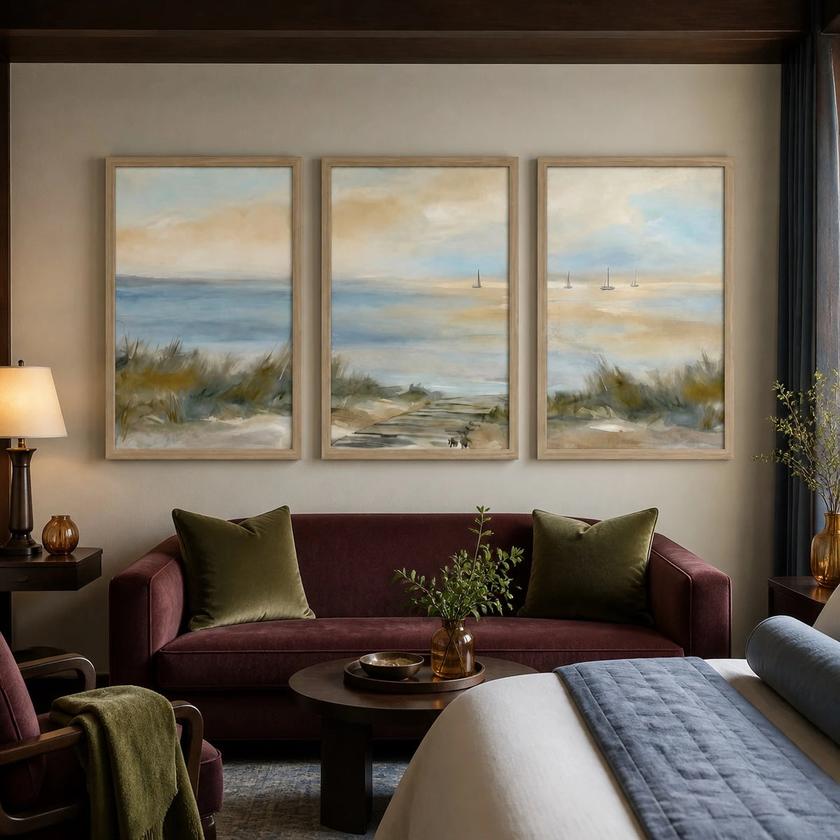 Soft Coastal Neutral Beach House Painting Triptych – TP#1414
