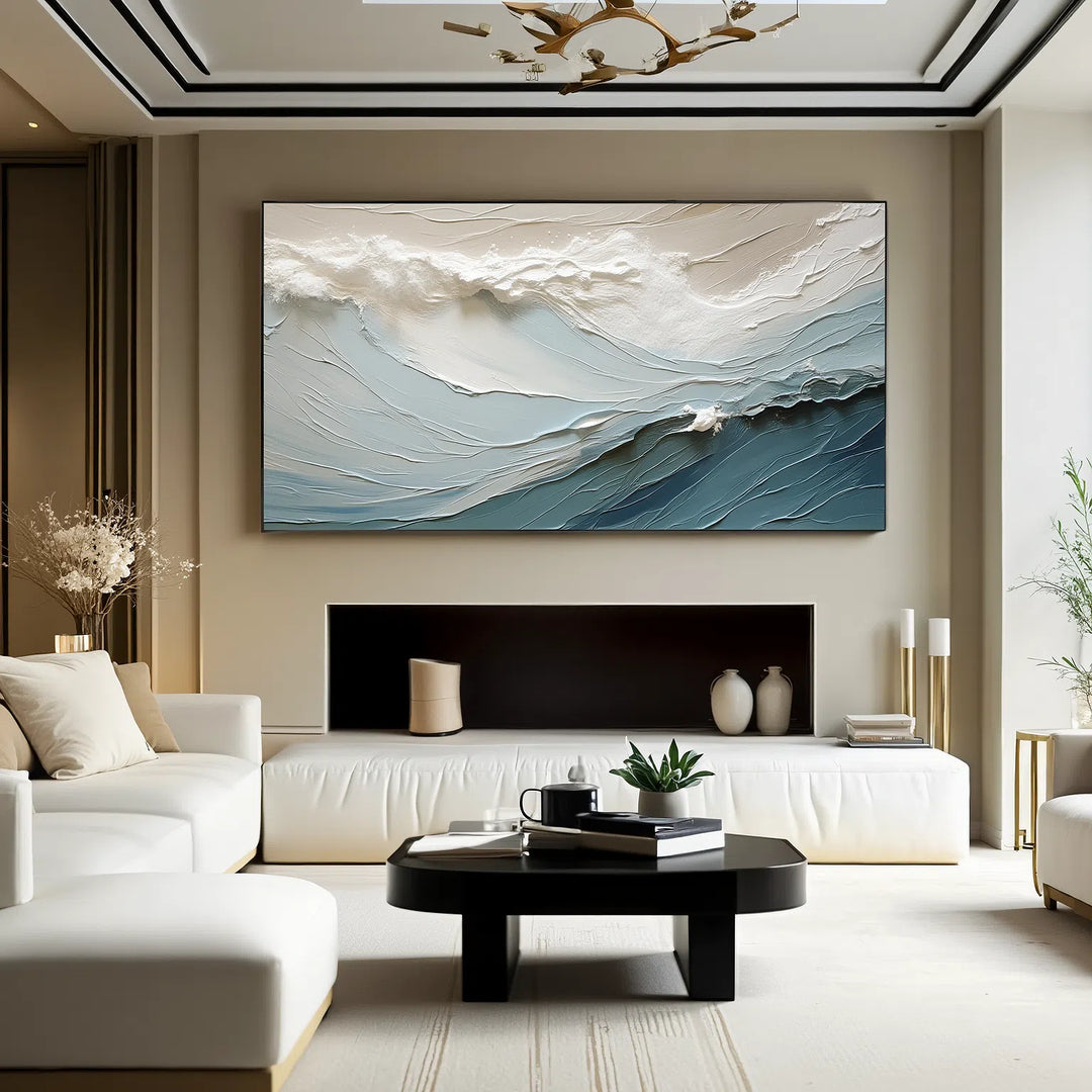 Cerulean Crest – Textured Wave Hand-Painted Oil Painting