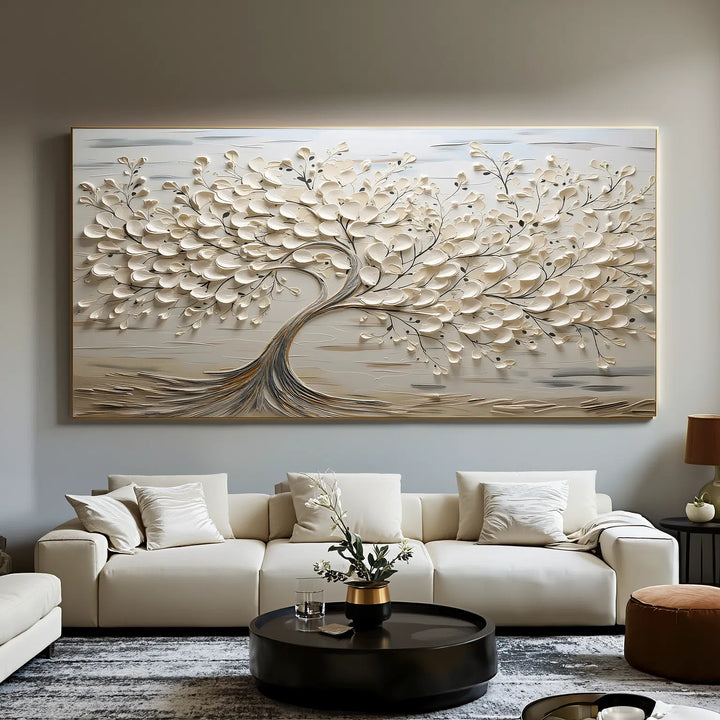 Porcelain Bloom – Textured Tree Hand-Painted Oil Painting