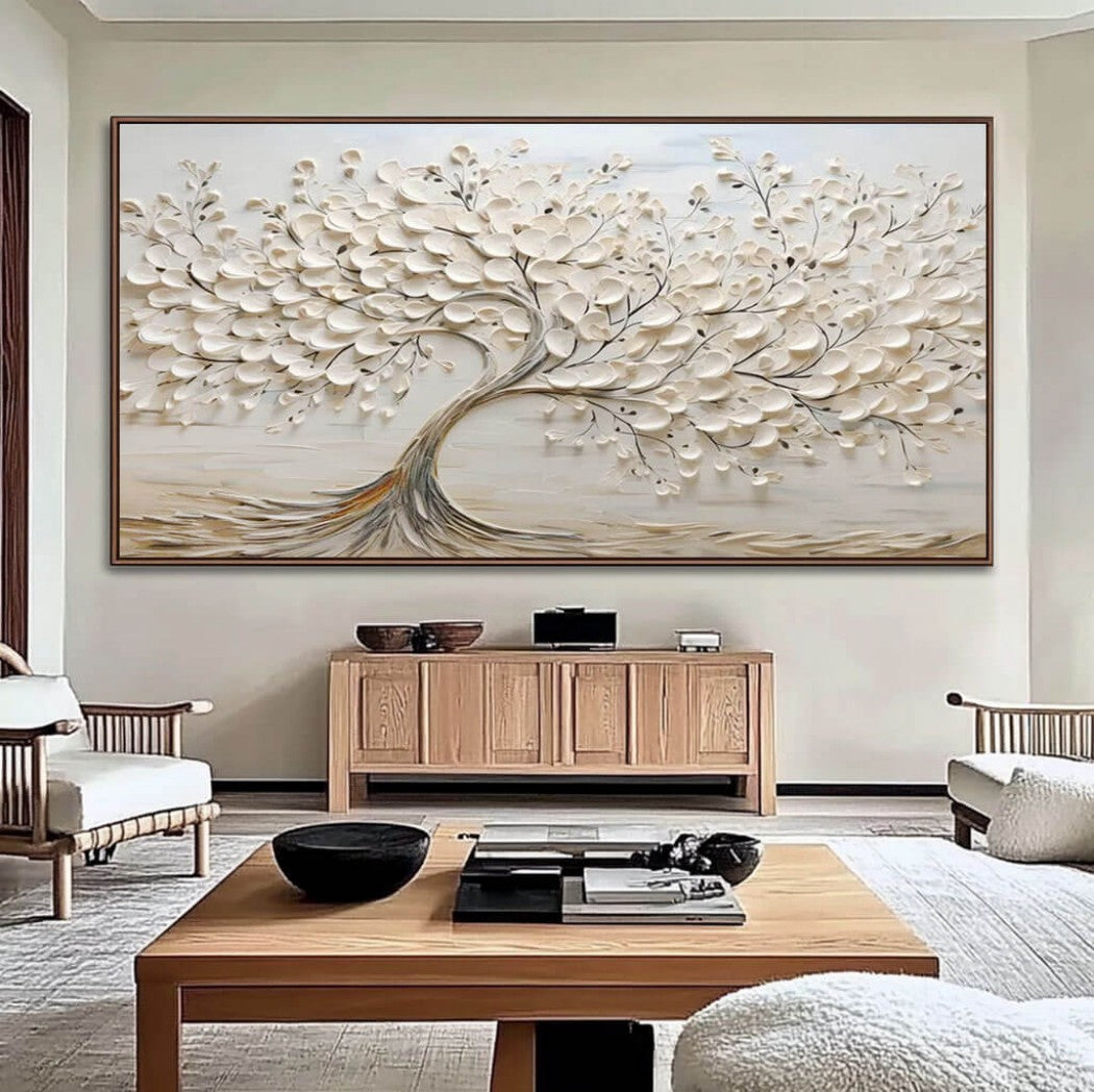 Porcelain Bloom – Textured Tree Hand-Painted Oil Painting