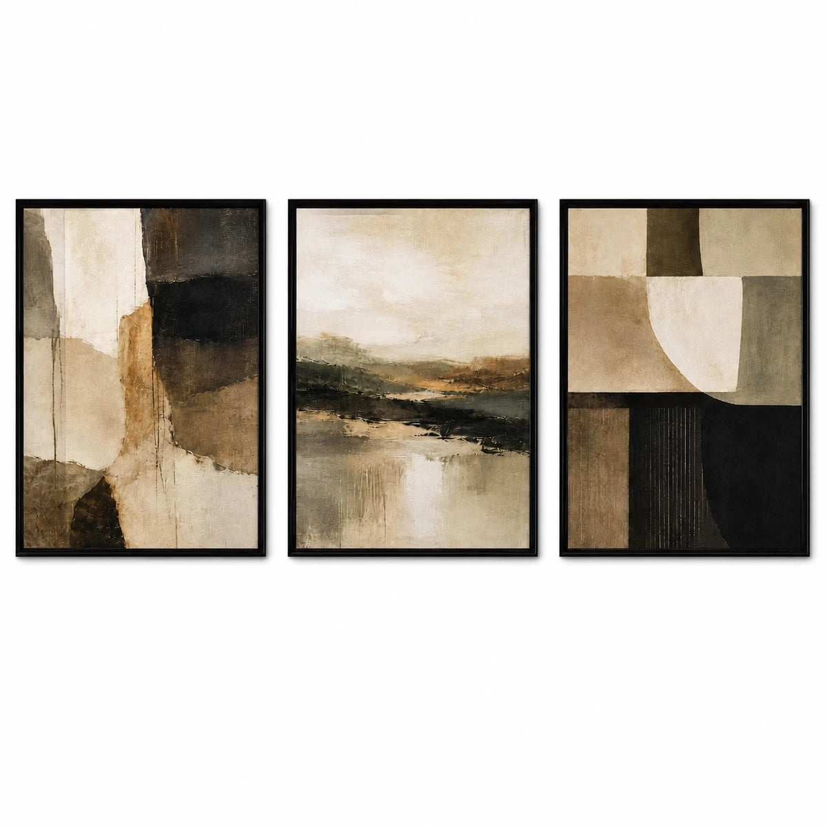 Wabi Sabi Beige Black Textured Japandi Triptych – TP#1418