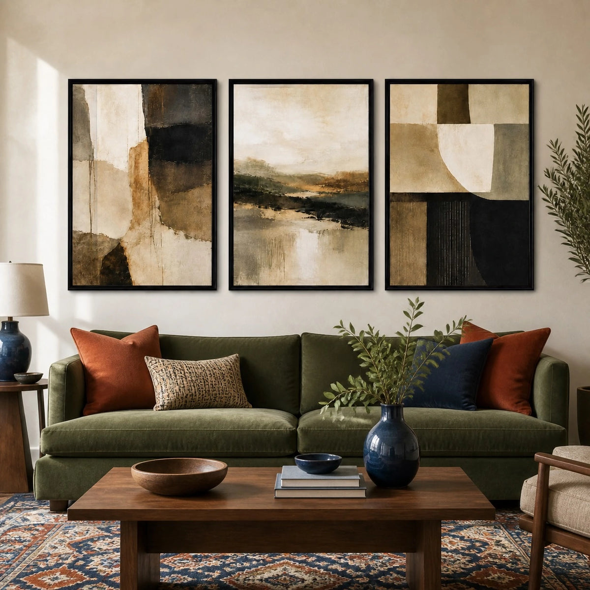 Wabi Sabi Beige Black Textured Japandi Triptych – TP#1418
