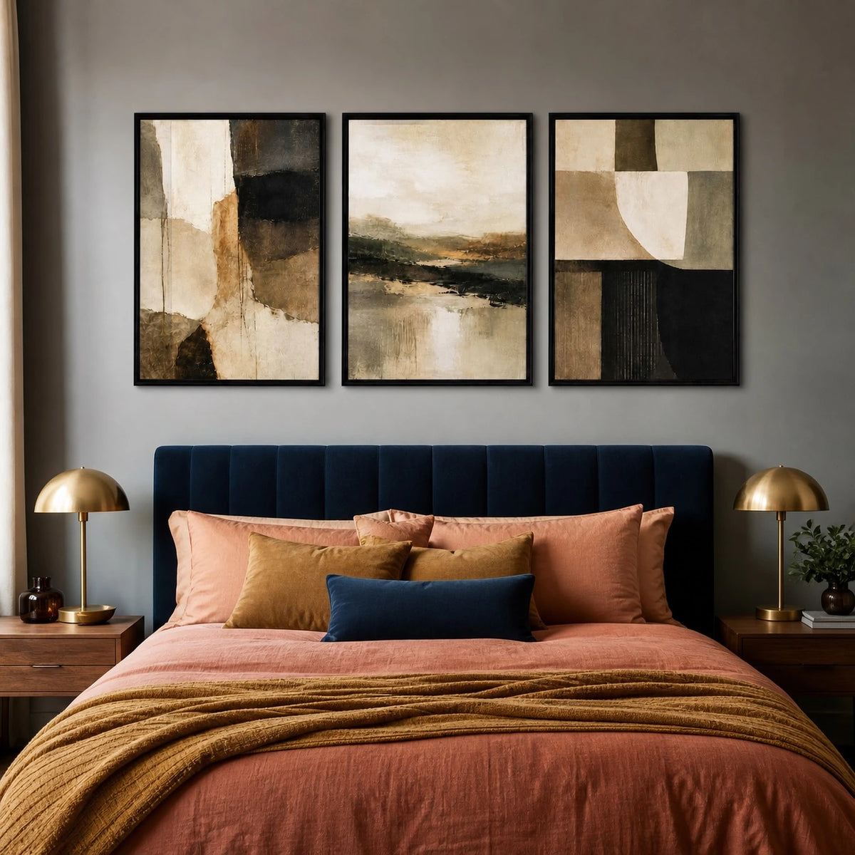 Wabi Sabi Beige Black Textured Japandi Triptych – TP#1418