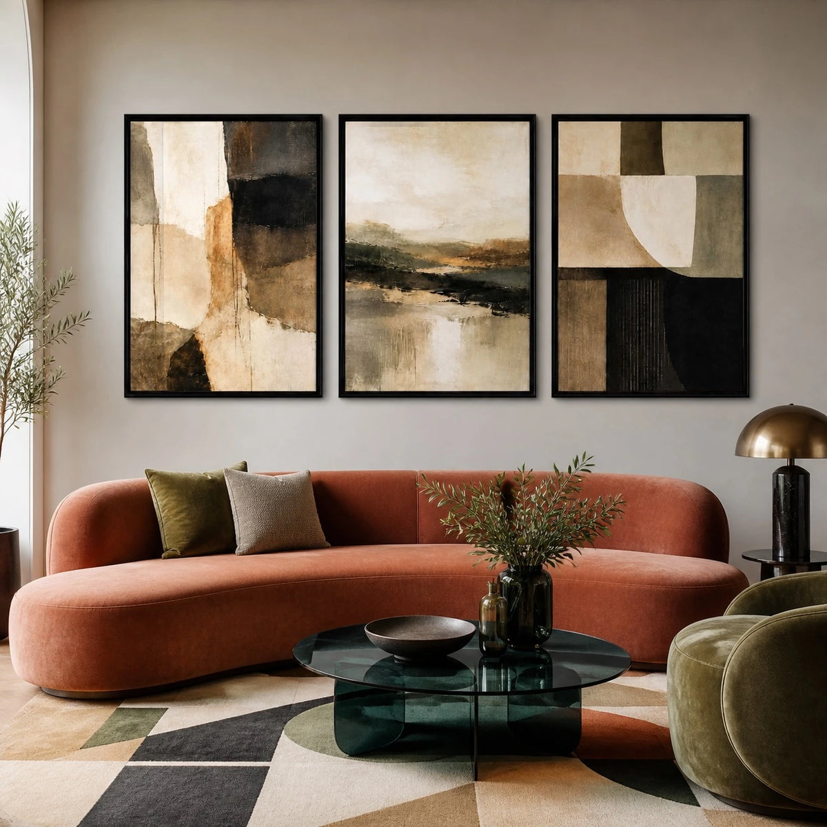 Wabi Sabi Beige Black Textured Japandi Triptych – TP#1418