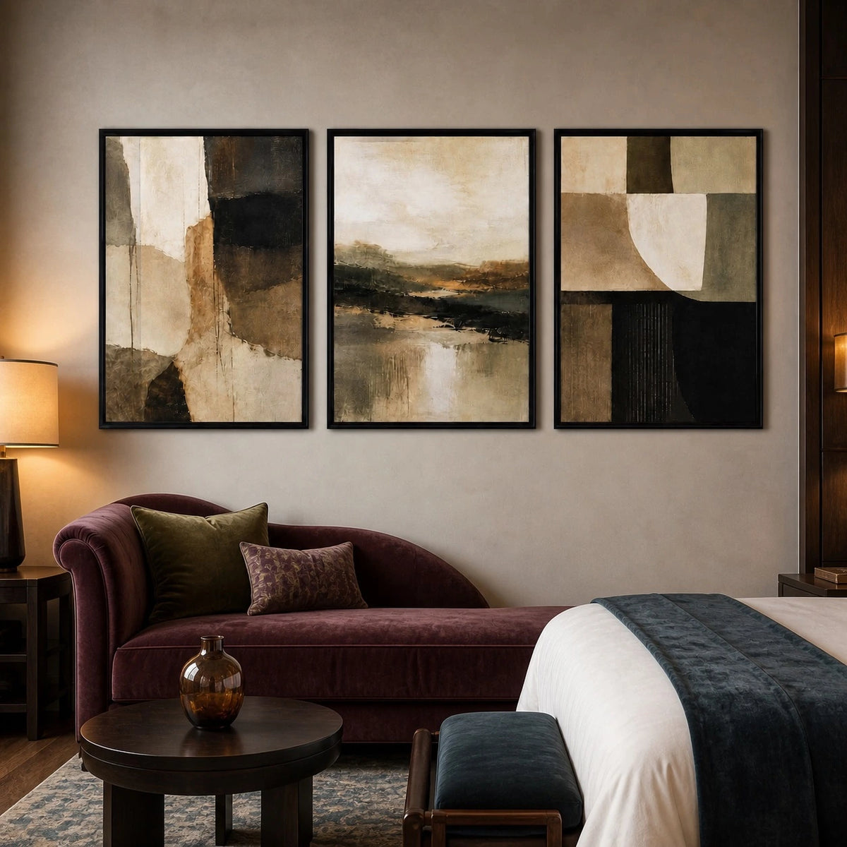 Wabi Sabi Beige Black Textured Japandi Triptych – TP#1418
