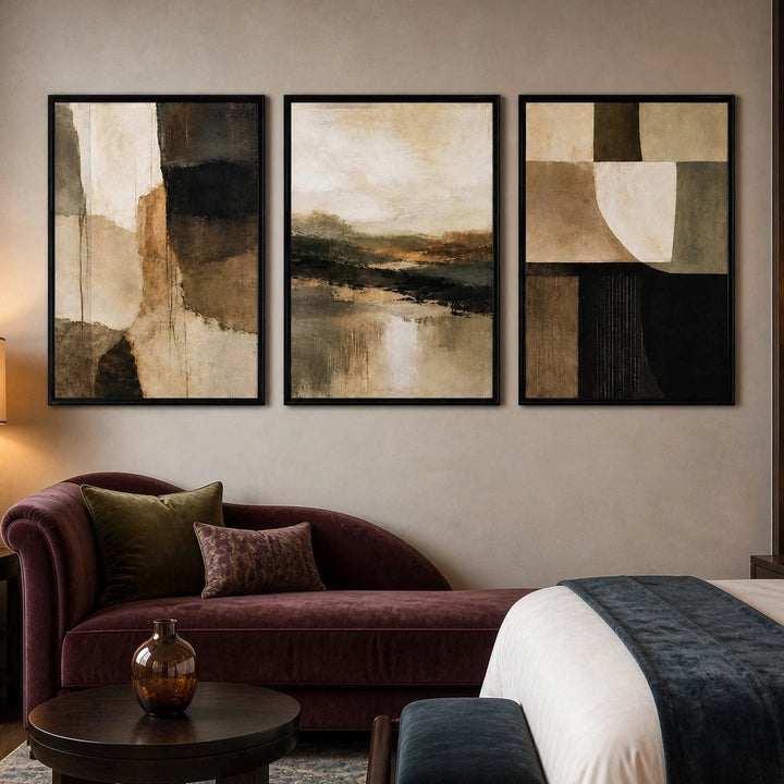 Wabi Sabi Beige Black Textured Japandi Triptych – TP
