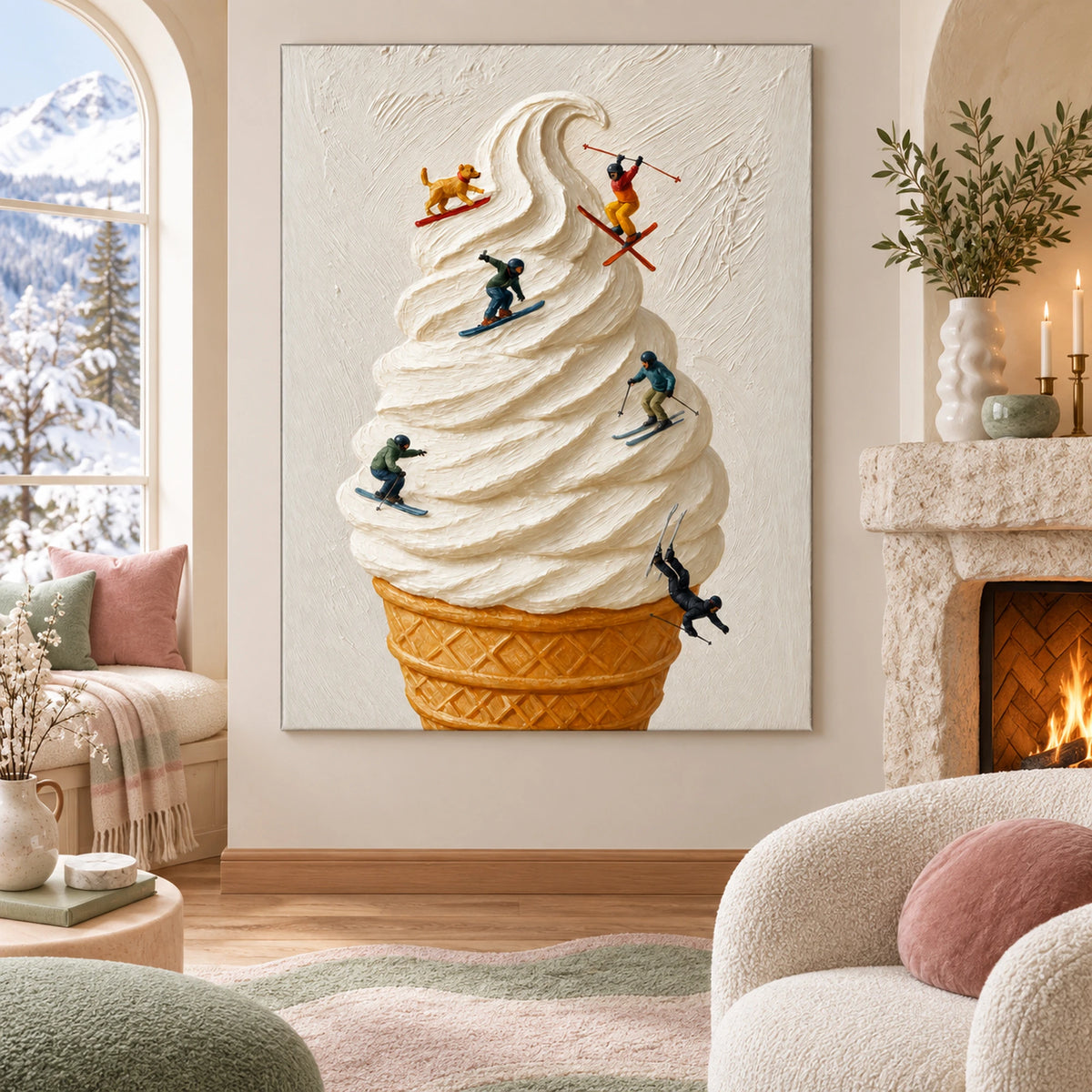 Whimsical Ice Cream Skiers Oil Painting – SK#0942