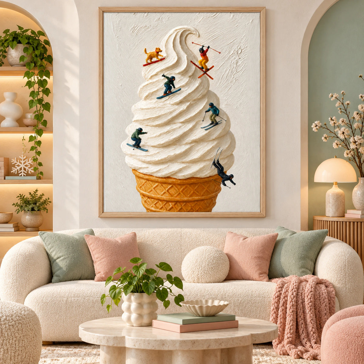 Whimsical Ice Cream Skiers Oil Painting – SK#0942